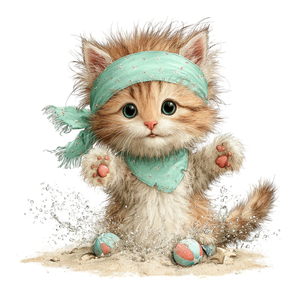 cute cat, kitten, mint green, seafoam green, coral pink, tan, beige, cream, whimsical, playful, beach theme, summer, sand, water splashes, bandana, headwrap, animal illustration, children's, kawaii, adorable, sweet, pet lover, tropical, coastal, illustrated animals, striped ball, paw pads, big eyes, character fabric, nursery