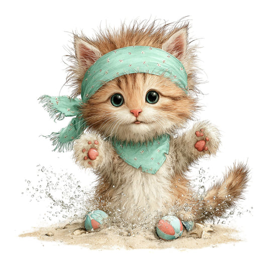 cute cat, kitten, mint green, seafoam green, coral pink, tan, beige, cream, whimsical, playful, beach theme, summer, sand, water splashes, bandana, headwrap, animal illustration, children's, kawaii, adorable, sweet, pet lover, tropical, coastal, illustrated animals, striped ball, paw pads, big eyes, character fabric, nursery