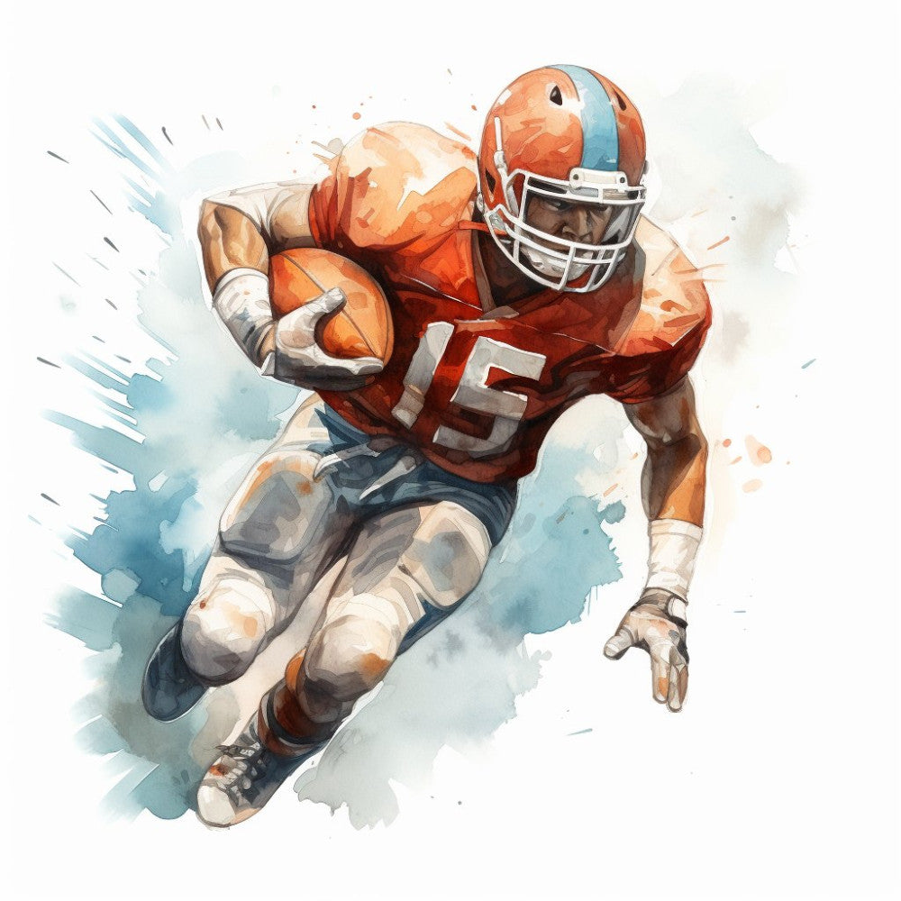 orange, rust, red, cream, white, blue, watercolor, sports, football, athletic, player, action, dynamic, modern, masculine, sports fan, team spirit, number 15, helmet, uniform, painted, splatter, contemporary, gift, decorative, all-ages, recreation, competitive sports