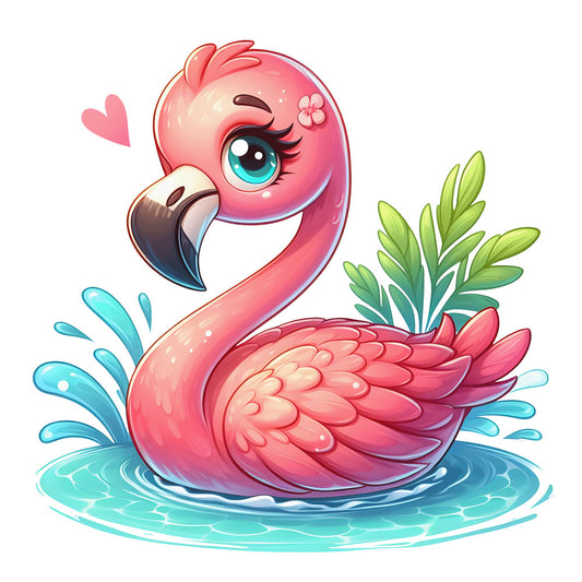 baby flamingo, pink flamingo, coral pink, aqua blue, turquoise water, tropical bird, cute cartoon, kawaii style, fabric panel, quilting cotton, water splash, green foliage, tropical leaves, nursery theme, baby animals, whimsical design, bright colors, children's fabric, craft panel, sewing project