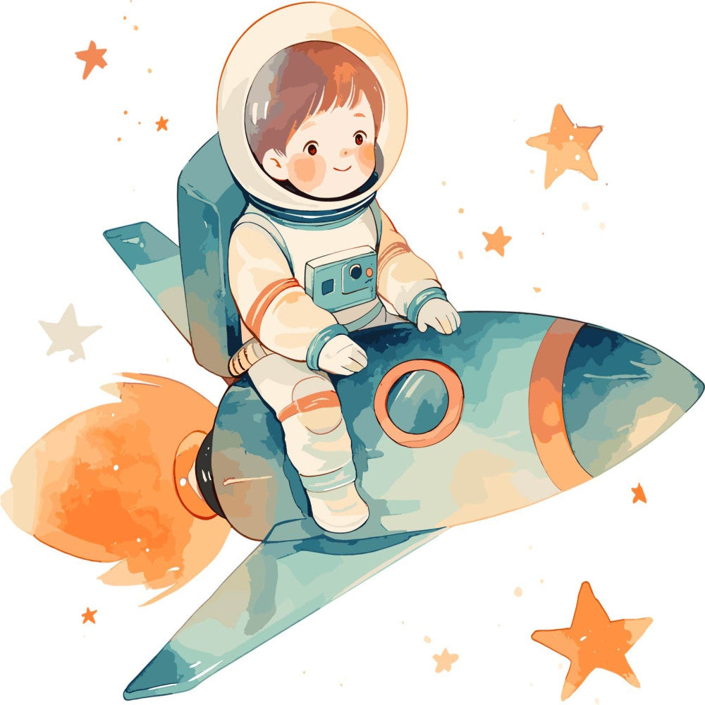 astronaut, space, rocket, stars, celestial, teal, orange, cream, navy blue, coral orange, whimsical, children, kids, nursery, baby, boy, adventure, exploration, cute, charming, modern, playful, space exploration, outer space, cosmic, retro, vintage inspired, wall hanging, baby quilt, bedding