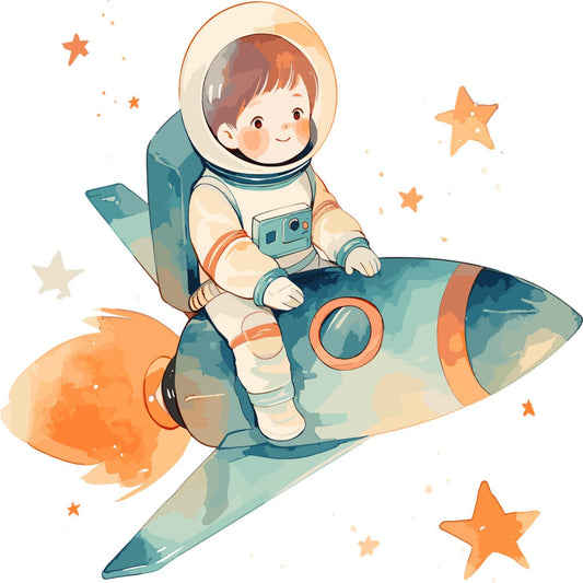 astronaut, space, rocket, stars, celestial, teal, orange, cream, navy blue, coral orange, whimsical, children, kids, nursery, baby, boy, adventure, exploration, cute, charming, modern, playful, space exploration, outer space, cosmic, retro, vintage inspired, wall hanging, baby quilt, bedding