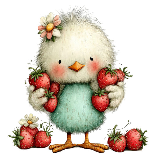 cute chick, fluffy bird, strawberry, mint green, cream white, orange beak, coral pink, daisy flower, whimsical, spring, summer, farmhouse, woodland, animal print, nature theme, baby quilt, children's fabric, pastoral, sweet, adorable, fruit motif, floral accents, country style, nursery, decorative panel, sweet treats, garden theme, innocent, playful design