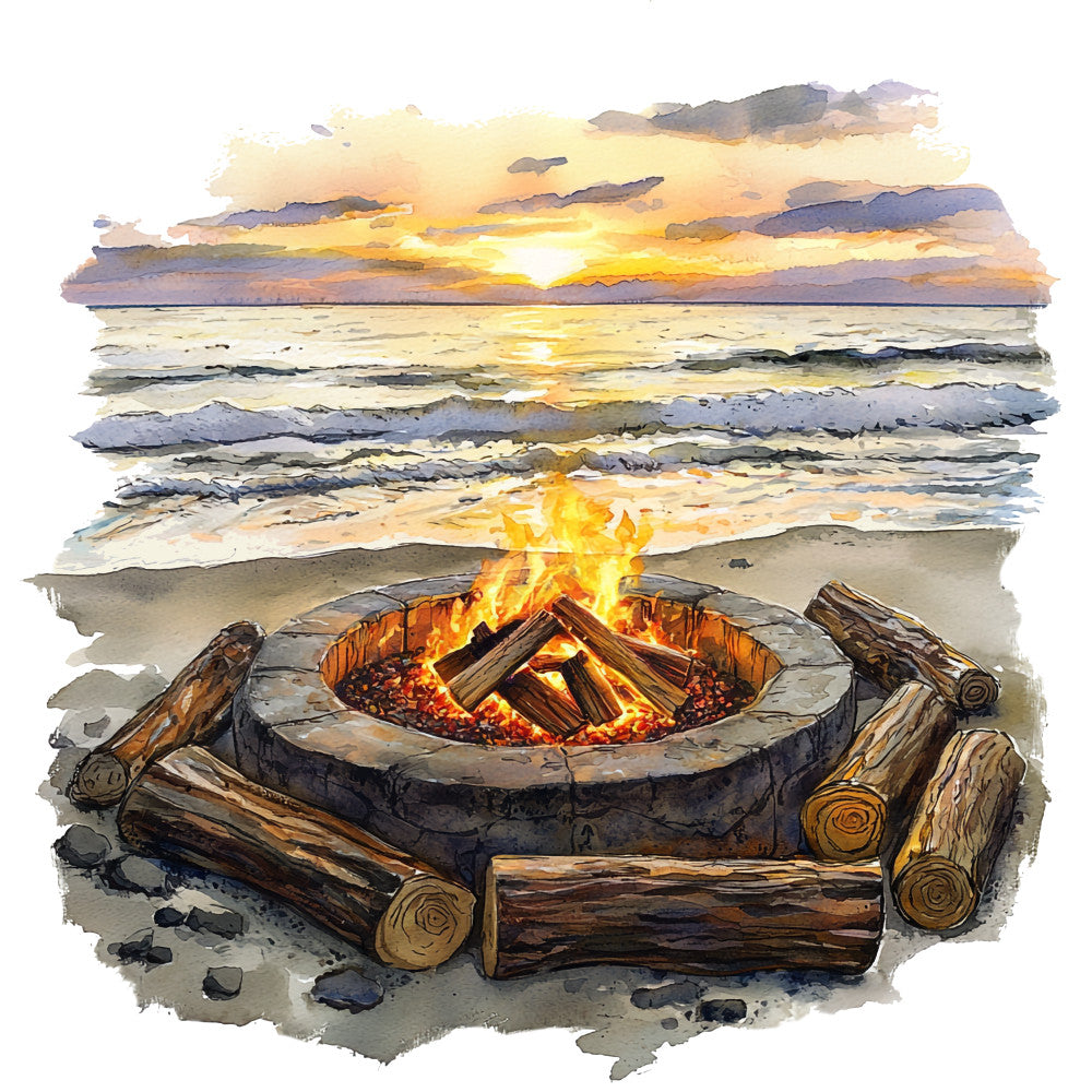 beach scene, campfire, fire pit, ocean waves, sunset, golden yellow, orange flames, purple clouds, gray stones, brown logs, watercolor style, coastal theme, beach camping, evening scene, seaside, fabric panel, quilting cotton, seascape, waves crashing, driftwood logs
