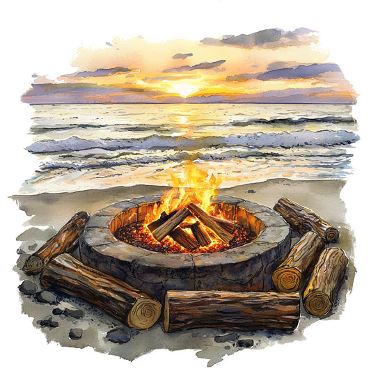 beach scene, campfire, fire pit, ocean waves, sunset, golden yellow, orange flames, purple clouds, gray stones, brown logs, watercolor style, coastal theme, beach camping, evening scene, seaside, fabric panel, quilting cotton, seascape, waves crashing, driftwood logs