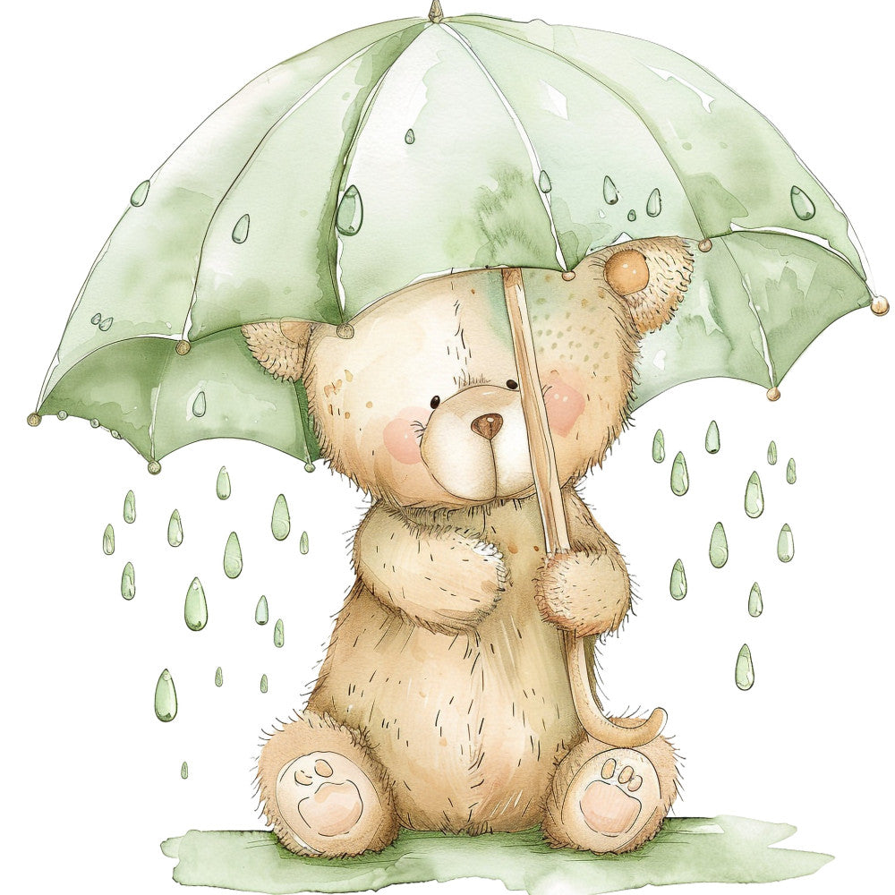 sage green, cream, tan, brown, soft green, rainy day, teddy bear, umbrella, rain drops, cute animals, whimsical, gentle, sweet, children's, baby, nursery, watercolor, illustration, storybook, woodland, nature, spring, soft pastels, playful, adorable, kid-friendly, gift giving, baby quilt, wall hanging, bedding