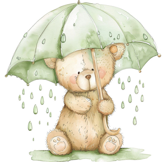 sage green, cream, tan, brown, soft green, rainy day, teddy bear, umbrella, rain drops, cute animals, whimsical, gentle, sweet, children's, baby, nursery, watercolor, illustration, storybook, woodland, nature, spring, soft pastels, playful, adorable, kid-friendly, gift giving, baby quilt, wall hanging, bedding