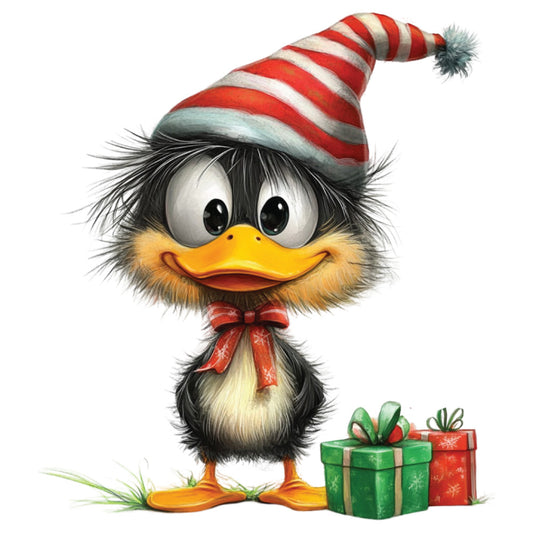 whimsical duck, christmas duck, holiday duck, red striped hat, winter hat, furry texture, orange beak, big eyes, cute character, gift boxes, green gift, red gift, festive colors, holiday theme, winter accessories, red bow tie, fabric panel, quilting cotton, adorable animal, christmas crafting