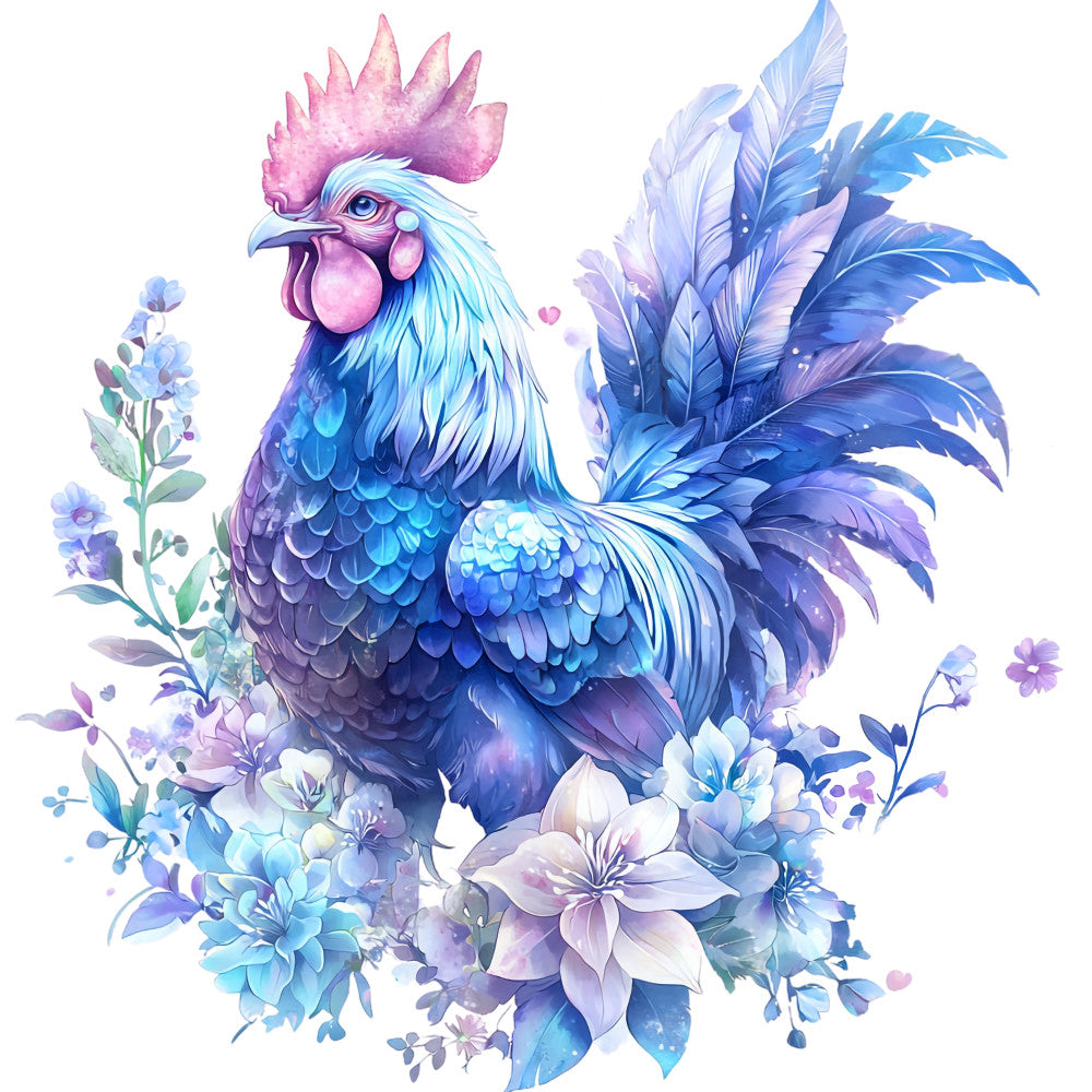 watercolor rooster, blue feathers, purple plumage, pink comb, floral bouquet, lilies, botanical elements, fabric panel, quilting cotton, pastel colors, turquoise, lavender, magenta, artistic illustration, whimsical design, farm animal, decorative flowers, soft hues, nature motif, craft fabric