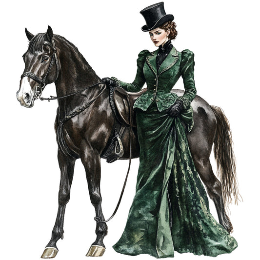 forest green, black, cream, vintage, equestrian, horse, woman, top hat, elegant, victorian, steampunk, traditional, formal wear, riding habit, fashion illustration, portrait, period costume, classic, sophisticated, detailed, animal, botanical, historical, feminine, refined, dress, apparel, lifestyle