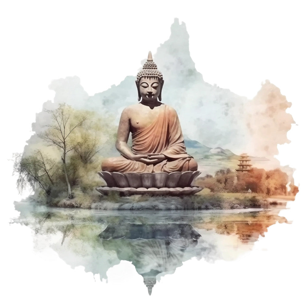 watercolor, buddha statue, meditation pose, lotus position, sage green, peach orange, soft blue, gray tones, earth tones, serene landscape, mountain backdrop, pagoda temple, willow tree, water reflection, peaceful scene, spiritual imagery, zen artwork, fabric panel, quilting cotton, asian inspired