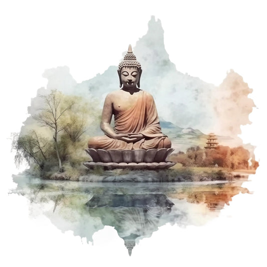 watercolor, buddha statue, meditation pose, lotus position, sage green, peach orange, soft blue, gray tones, earth tones, serene landscape, mountain backdrop, pagoda temple, willow tree, water reflection, peaceful scene, spiritual imagery, zen artwork, fabric panel, quilting cotton, asian inspired
