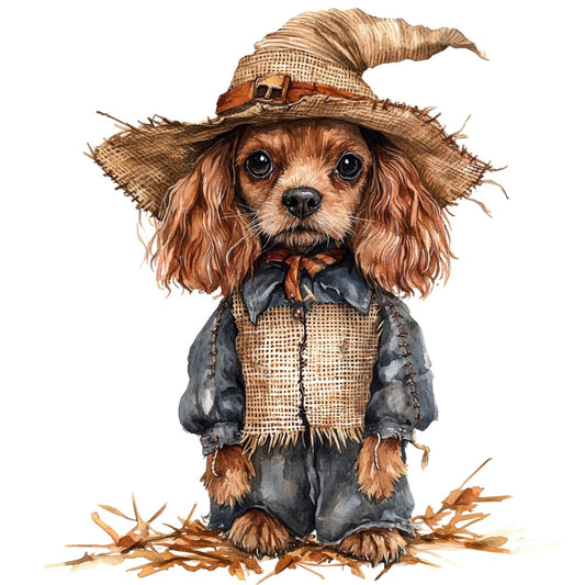 scarecrow, dog, puppy, spaniel, farmhouse, autumn, fall, rustic, whimsical, tan, brown, cream, charcoal gray, straw, burlap, straw hat, overalls, denim, children's, kids, animals, cute, folk art, vintage, country, harvest, thanksgiving, novelty, character panel, storybook