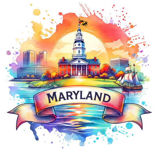 US States Retro Travel Fabric Panel 44 featuring colorful Maryland state landmarks and waterfront in premium quilting cotton print.
