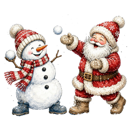 christmas, holiday, santa, snowman, winter, red, cream, white, beige, tan, snowflake, festive, whimsical, vintage, traditional, children's, novelty, jolly, seasonal, snow, winter scene, cheerful, playful, nostalgic, retro, character print, decorative, home decor, wall hanging, craft fabric