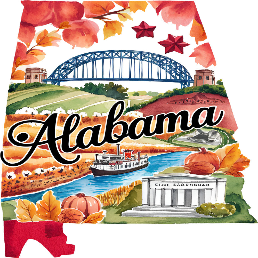 Classic US States Fabric Panel 23 featuring Alabama landmarks, autumn leaves, and vibrant quilting cotton design.