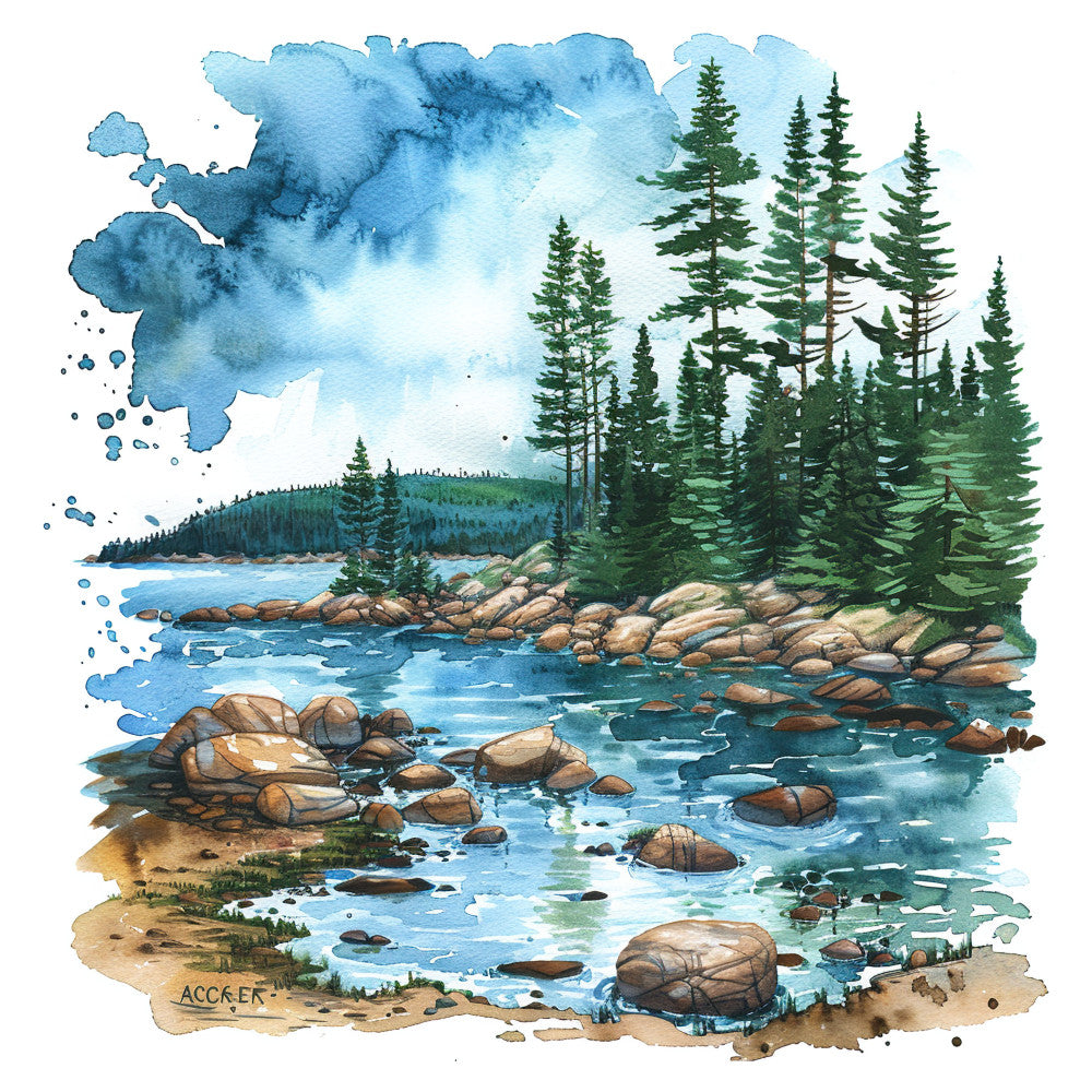 forest green, sky blue, aqua blue, tan, beige, sandy brown, landscape, nature, mountains, lake, water, trees, evergreen, pine trees, rocks, boulders, scenic, rustic, outdoor, wilderness, natural, peaceful, serene, woodland, mountain lake, cabin style, nature inspired, watercolor effect, contemporary