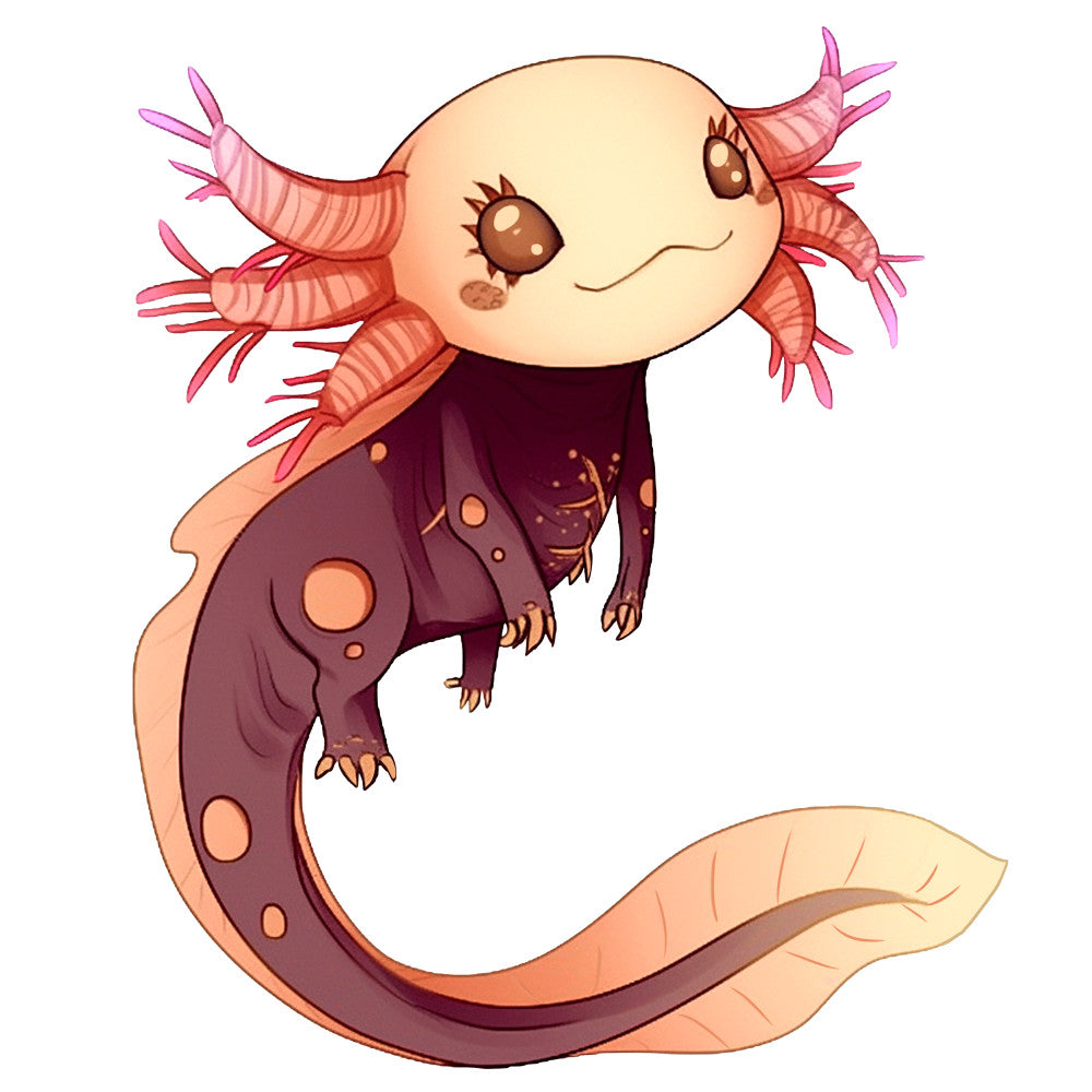 axolotl, cartoon style, pink gills, brown eyes, purple body, peach belly, spotted pattern, aquatic animal, cute character, kawaii style, fabric panel, quilting cotton, children's fabric, amphibian, smiling face, whimsical design, nature theme, animal print, craft fabric, sewing panel