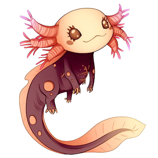 axolotl, cartoon style, pink gills, brown eyes, purple body, peach belly, spotted pattern, aquatic animal, cute character, kawaii style, fabric panel, quilting cotton, children's fabric, amphibian, smiling face, whimsical design, nature theme, animal print, craft fabric, sewing panel