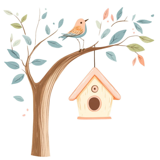 bird, birdhouse, nature, whimsical, spring, leaves, tree, pastoral, peaceful, soft colors, sage green, dusty blue, coral pink, cream, botanical, woodland, cottage core, farmhouse, rustic, gentle, sweet, garden, nesting, home, branches, foliage, spring theme, natural tones, calming, decorative panel