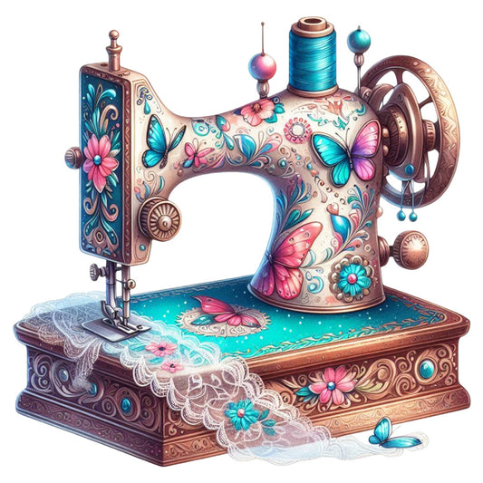 sewing machine, steampunk, vintage sewing, turquoise, coral pink, rose pink, bronze, copper, butterflies, floral, ornate, decorative, whimsical, elegant, embellished, jewel tones, teal, magenta, scrollwork, filigree, botanical, nature-inspired, crafting, retro, nostalgic, victorian, embroidery, art deco, multi-colored, intricate details