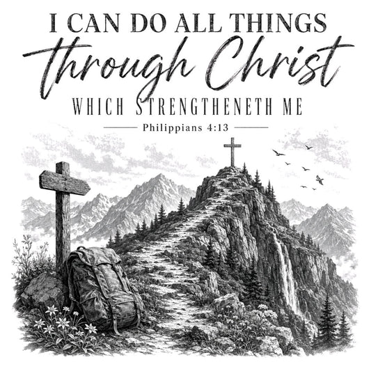 black and white, grayscale, monochrome, inspirational, religious, christian, scripture, mountain landscape, hiking, cross, spiritual, nature, adventure, wilderness, rustic, vintage, engraved, etching, birds, evergreen trees, rocky peaks, backpack, floral elements, motivational quote, faith-based, traditional, elegant, dramatic scenery, wall hanging, faith quilt