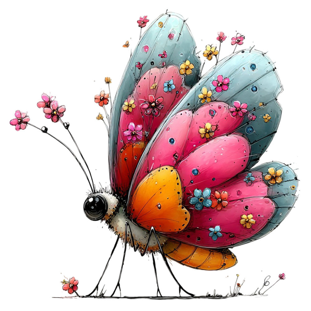 butterfly, whimsical, colorful, pink, coral pink, hot pink, magenta, orange, yellow, light blue, gray, floral, flowers, nature, insects, garden, spring, summer, playful, cheerful, vibrant, modern, cute, children, kids, animal, fantasy, illustration, artistic, decorative