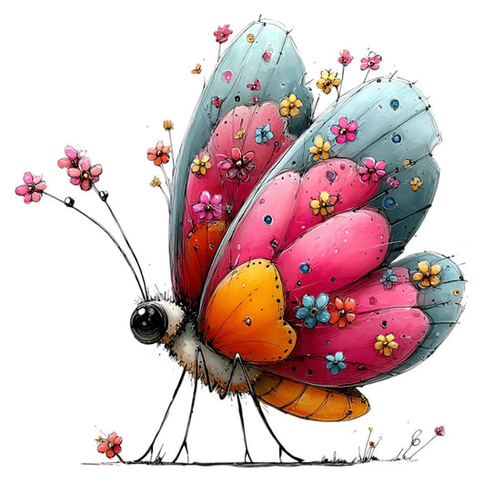 butterfly, whimsical, colorful, pink, coral pink, hot pink, magenta, orange, yellow, light blue, gray, floral, flowers, nature, insects, garden, spring, summer, playful, cheerful, vibrant, modern, cute, children, kids, animal, fantasy, illustration, artistic, decorative
