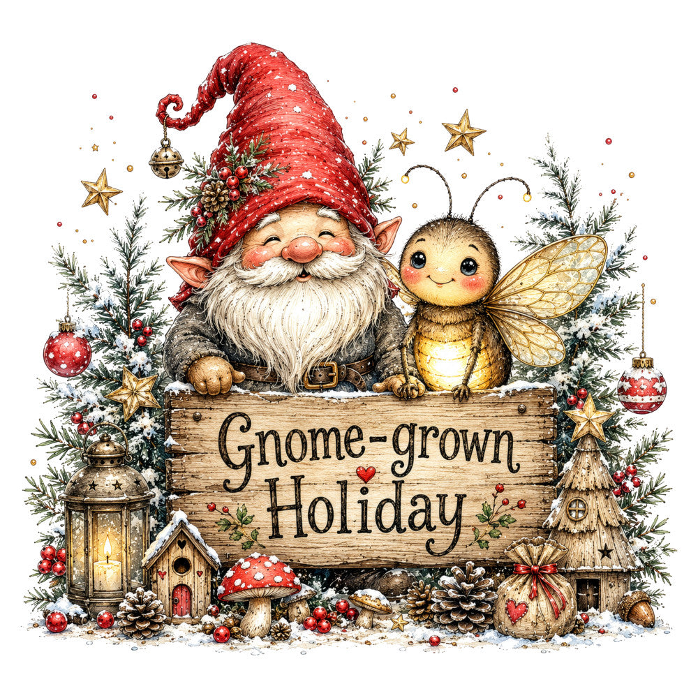 gnome, holiday, christmas, whimsical, fairy tale, magical, red, gold, cream, forest green, rustic, vintage, enchanted, festive, winter, snow, stars, bells, mushrooms, bee, wings, lantern, cottage, pine cones, ornaments, traditional, charming, storybook, seasonal, decorative