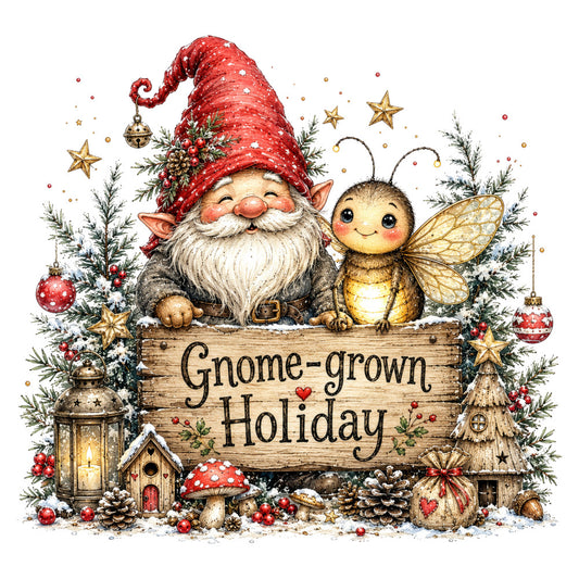 gnome, holiday, christmas, whimsical, fairy tale, magical, red, gold, cream, forest green, rustic, vintage, enchanted, festive, winter, snow, stars, bells, mushrooms, bee, wings, lantern, cottage, pine cones, ornaments, traditional, charming, storybook, seasonal, decorative