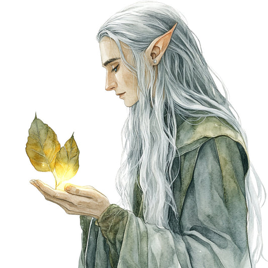 elf, fantasy, pointed ears, silver hair, gray hair, green dress, nature, magical, mystical, whimsical, elegant, ethereal, glowing leaves, luminous, fairytale, woodland, enchanted, character portrait, illustration, profile, long hair, flowing hair, soft colors, sage green, pale skin, delicate features, fantasy character, storybook