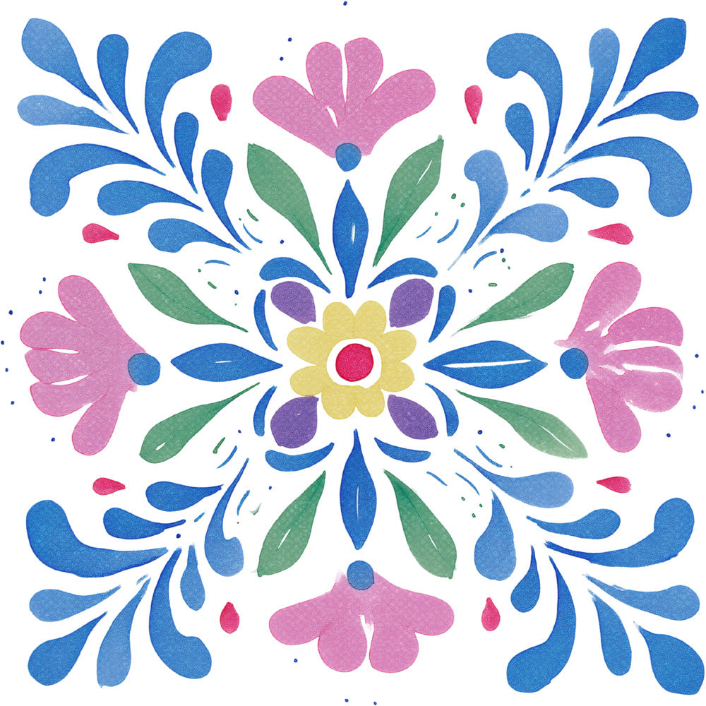 blue floral, pink flowers, yellow flower, green leaves, symmetrical pattern, folk art, whimsical, botanical, bright colors, spring, summer, traditional, ornamental, decorative, multi-colored, jewel tones, royal blue, dusty rose, sage green, daisy motif, flower burst, radial design, vibrant, cheerful, nature-inspired, cottage style, classic floral, heirloom, timeless, splash design