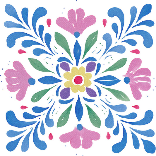 blue floral, pink flowers, yellow flower, green leaves, symmetrical pattern, folk art, whimsical, botanical, bright colors, spring, summer, traditional, ornamental, decorative, multi-colored, jewel tones, royal blue, dusty rose, sage green, daisy motif, flower burst, radial design, vibrant, cheerful, nature-inspired, cottage style, classic floral, heirloom, timeless, splash design