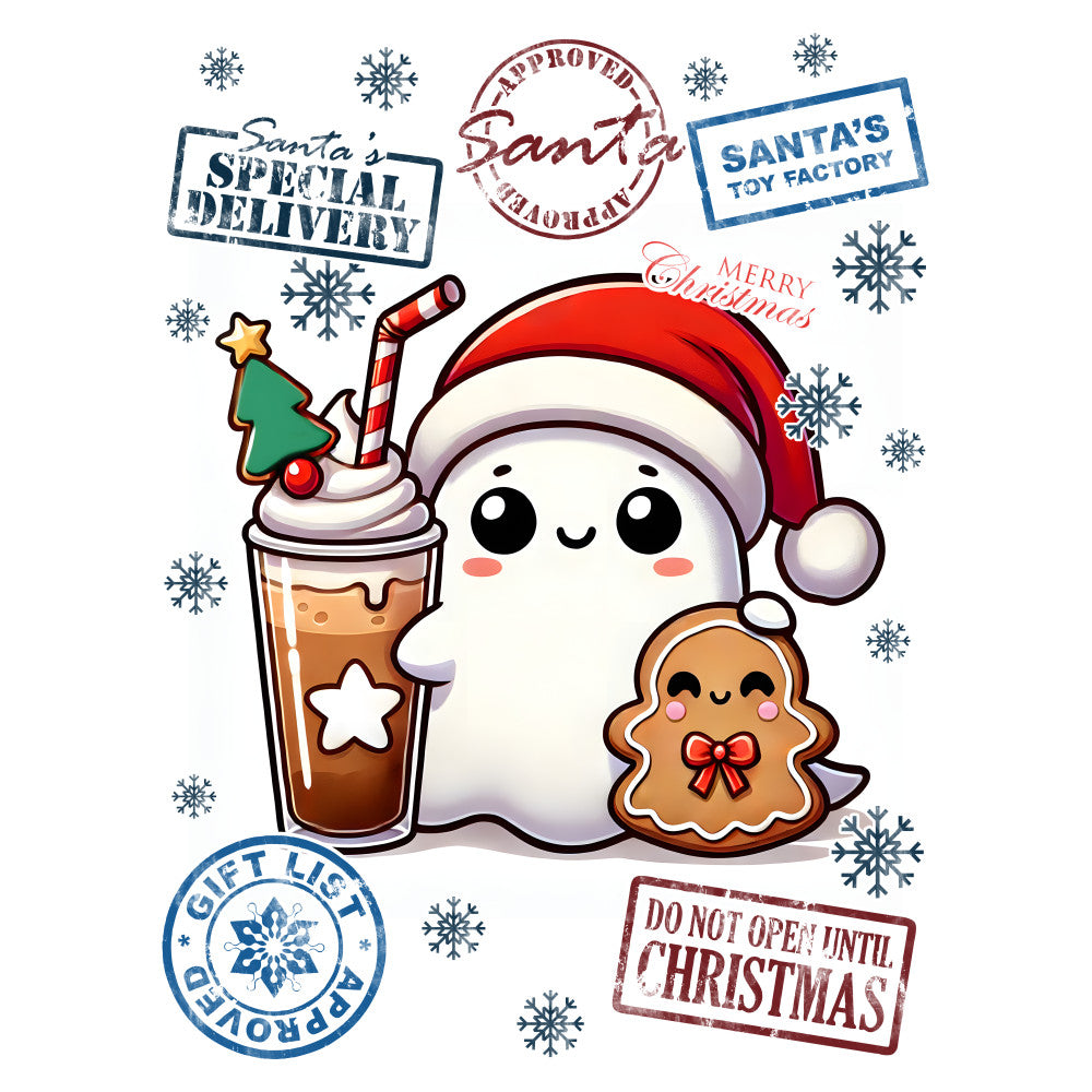 christmas, holiday, santa, ghost, gingerbread man, candy cane, festive, whimsical, cute, kawaii, red, white, cream, navy blue, forest green, gold, brown, snowflakes, winter, seasonal, children, kids, playful, modern, cheerful, do not open until christmas, santa's toy factory, approved by santa, beverage themed, food and drink
