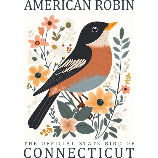 american robin, state bird, connecticut, orange flowers, coral blooms, botanical elements, green leaves, black wings, orange breast, yellow beak, fabric panel, quilting cotton, floral arrangement, spring theme, nature design, folk art style, decorative branches, berries, vintage illustration, craft panel