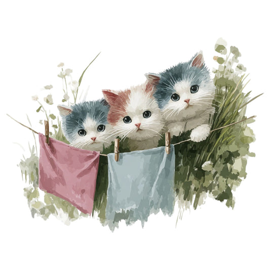 cute cats, kittens, multicolor, white, dusty rose, pink, soft blue, gray blue, teal, sage green, whimsical, playful, charming, animals, garden, nature, laundry line, clothesline, hanging clothes, wildflowers, botanical, spring, summer, cottage core, farmhouse, children's, nursery, baby, decorative panel, wall hanging