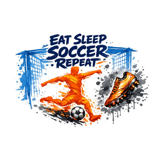 soccer, sports, eat sleep repeat, orange, blue, gold, yellow, black, watercolor, splatter, abstract, athletic, motivational, soccer ball, cleats, goal net, dynamic, energetic, modern, youth, boys, kids, sports enthusiast, competitive, action, passion, vibrant, contemporary