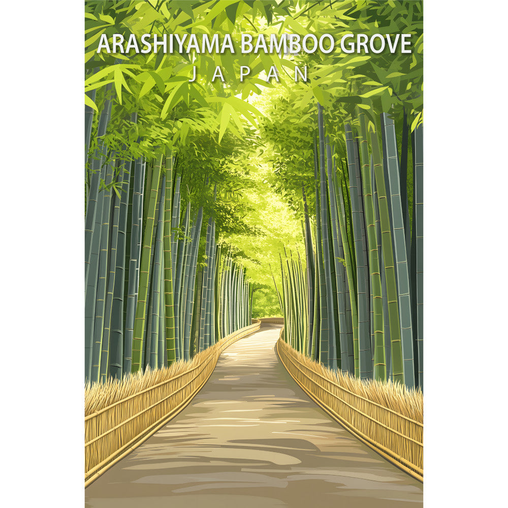 bamboo grove, travel poster, japan scene, green foliage, forest path, walkway, nature landscape, serene pathway, tropical plants, outdoor scenery, fabric panel, quilting cotton, botanical design, peaceful mood, zen garden, asian inspired, lush greenery, walking trail, natural tunnel, artistic illustration