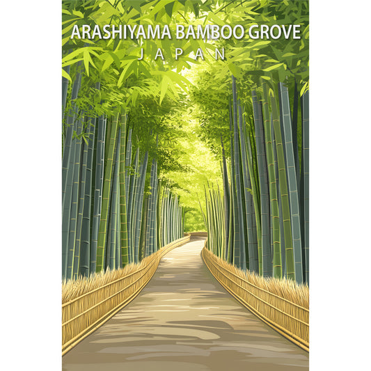 bamboo grove, travel poster, japan scene, green foliage, forest path, walkway, nature landscape, serene pathway, tropical plants, outdoor scenery, fabric panel, quilting cotton, botanical design, peaceful mood, zen garden, asian inspired, lush greenery, walking trail, natural tunnel, artistic illustration