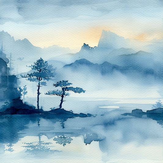 watercolor, landscape, mountains, misty, serene, peaceful, asian inspired, ink painting, blue, light blue, navy blue, gray, cream, soft, nature, scenic, water, reflection, trees, pagoda, sailboat, boats, tranquil, zen, traditional, elegant, wall hanging, art print, coastal, contemplative