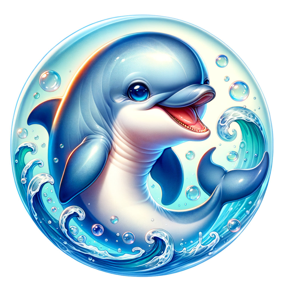 watercolor, cute dolphin, marine animal, ocean waves, aqua blue, turquoise, navy blue, white belly, bubbles, circular design, water splashes, sea creature, fabric panel, quilting cotton, whimsical art, playful mood, ocean theme, nautical design, children's fabric, soft colors