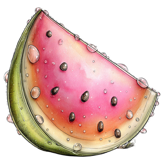 watermelon, pink, coral, lime green, cream, yellow-green, fruit, nature, summer, botanical, seeds, water droplets, realistic, whimsical, detailed illustration, fresh, vibrant, colorful, food, kitchen, sweet, playful, modern, contemporary, bright, gradient shading, semi-realistic, children's, cheerful, tropical