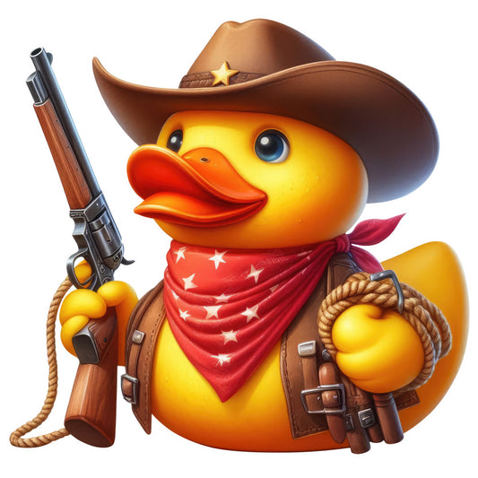 cowboy duck, western, yellow duck, brown cowboy hat, gold star, red bandana, sheriff badge, rope lasso, revolver gun, whimsical animals, novelty, children's, playful, farmhouse western, rustic cowboy, golden yellow, burnt orange, rust brown, bright red, adventure theme, cute characters, boy's quilt, nursery, wall hanging, country western, humorous, cartoon style, animal motifs, western theme, fun prints