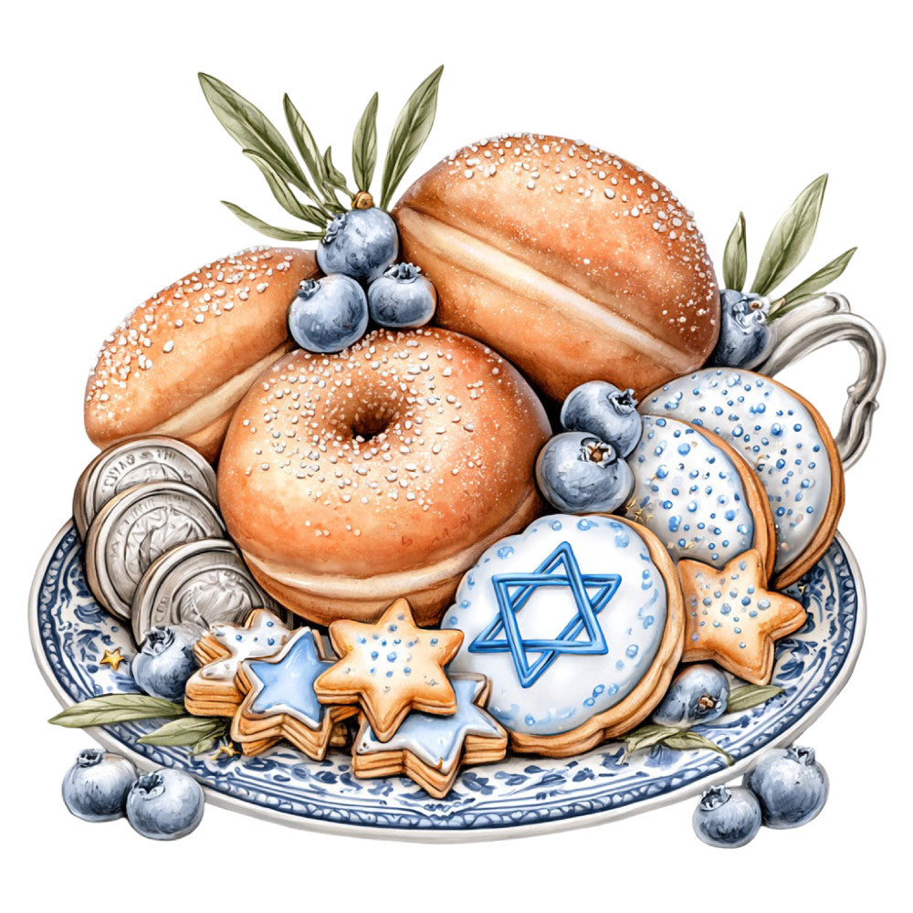 hanukkah, jewish, star of david, blueberry, sesame seed bagels, baked goods, bread, pastries, cookies, star shaped, blue and white, traditional, cultural, holiday, food themed, whimsical, decorative plate, botanical, olive branches, cream colored, tan, rustic, celebration, festive, delft blue inspired, folk art style, charming, detailed illustration, hand painted style