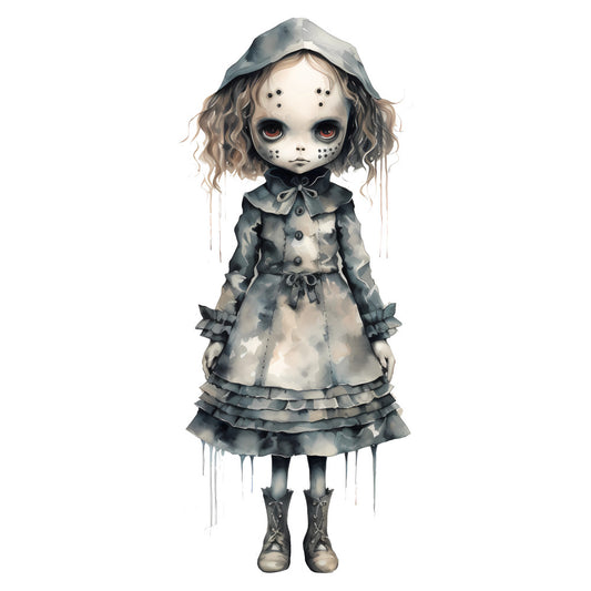 gothic doll, dark fantasy, charcoal gray, pale cream, haunting, whimsical, creepy cute, victorian, doll face, spooky, eerie, goth, fantasy character, steampunk, doll dress, horror, mysterious, artistic, novelty, decorative panel, wall art, children's fabric, alternative style, dark academia, vintage doll, monochromatic, grayscale, moody, supernatural, costume fabric