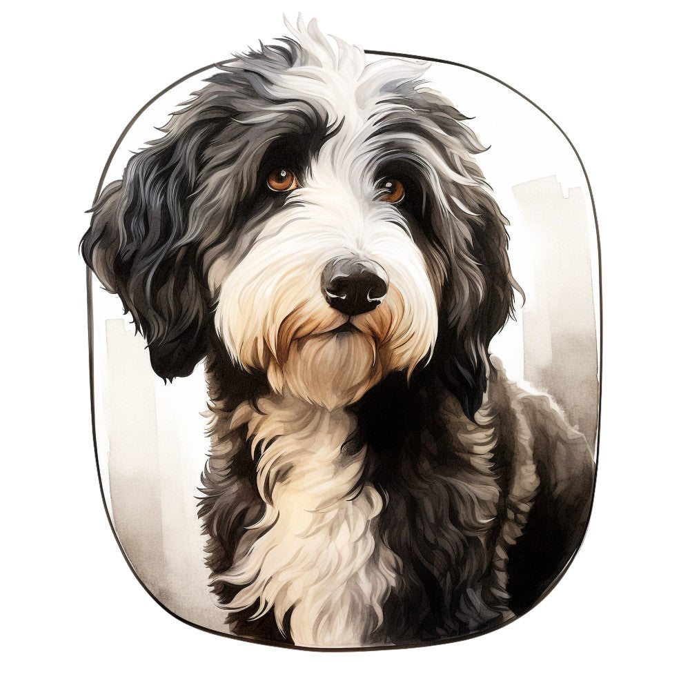 black and white dog, shih tzu, dog portrait, animal lover, pet fabric, dog panel, realistic dog art, black white cream, tan accents, amber eyes, fluffy dog, toy breed, cute puppy, dog illustration, animal themed, pet quilting, dog wall hanging, animal portrait, contemporary dog art, whimsical pet, decorative dog panel, neutral colors, home decor dog, dog fabric panel, pet lover gift, animal illustration, modern dog art