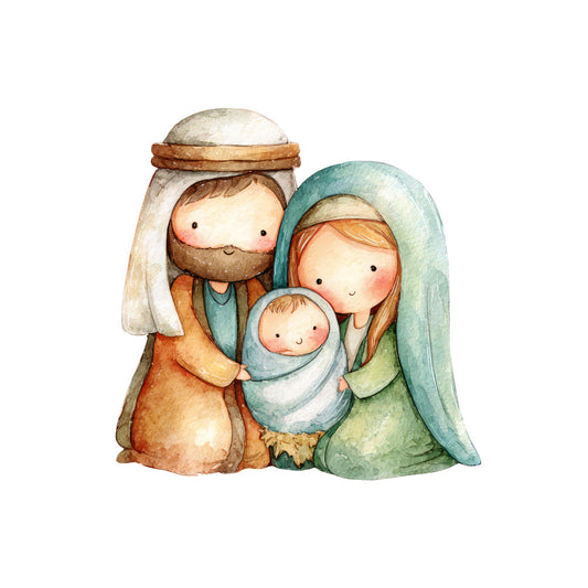 nativity, holy family, religious, christmas, joseph mary baby jesus, spiritual, winter, sage green, cream, tan, brown, rust orange, soft colors, watercolor, gentle, whimsical, traditional, peaceful, nativity scene, manger, swaddled baby, muted tones, soft illustration, holiday religious, family themed, inspirational, children's illustration, festive spiritual
