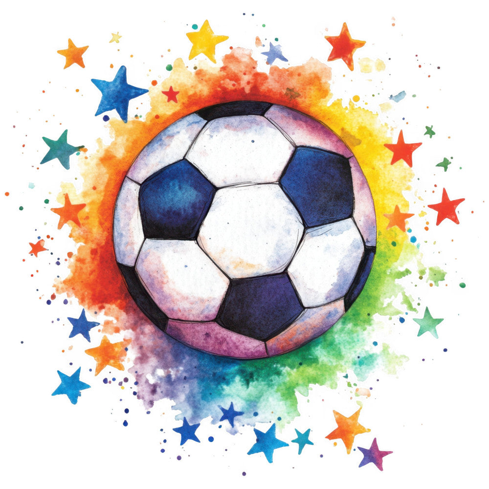 soccer ball, sports, watercolor, rainbow, multicolor, bright colors, navy blue, orange, yellow, green, purple, red, stars, splatter, abstract, modern, whimsical, playful, vibrant, kids, children, youth, athletic, game day, team spirit, celestial, colorful splashes, geometric, dynamic, energetic