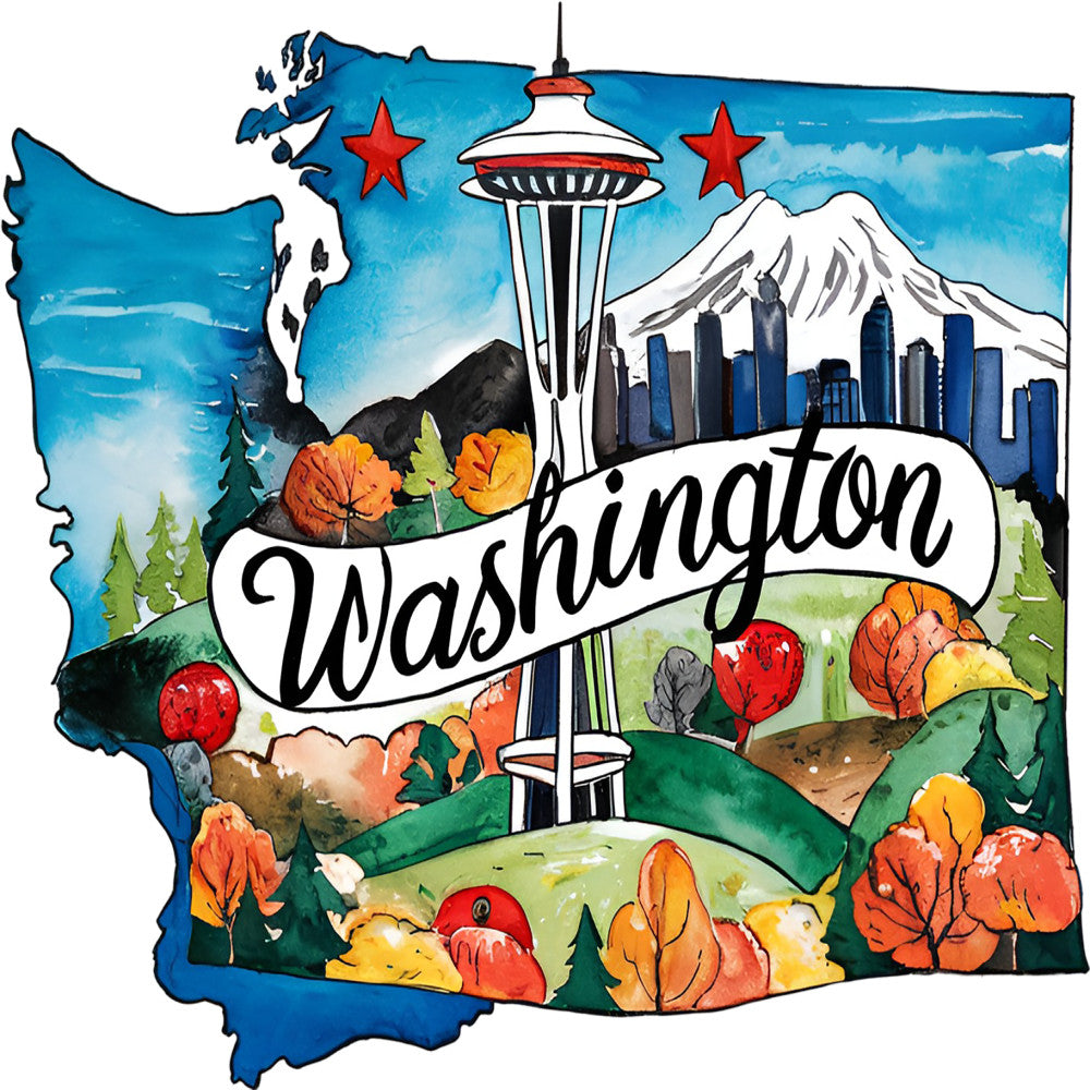 Classic US States Fabric Panel 29 featuring Washington state map with autumn colors, Mt. Rainier, Space Needle, and city skyline design.