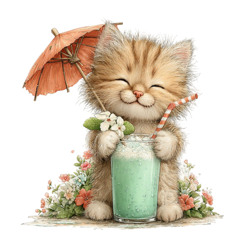 cat, kitten, fluffy, cute, whimsical, playful, animals, pet, cream, beige, tan, coral, coral pink, mint green, soft colors, pastel, summer, spring, tropical, umbrella, beverage, cocktail, drink, flowers, floral, daisies, botanical, nature, cheerful, sweet